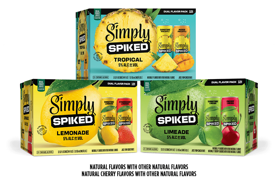 Simply Spiked drink packs showing Tropical, Lemonade, and Limeade flavors with fruit images.